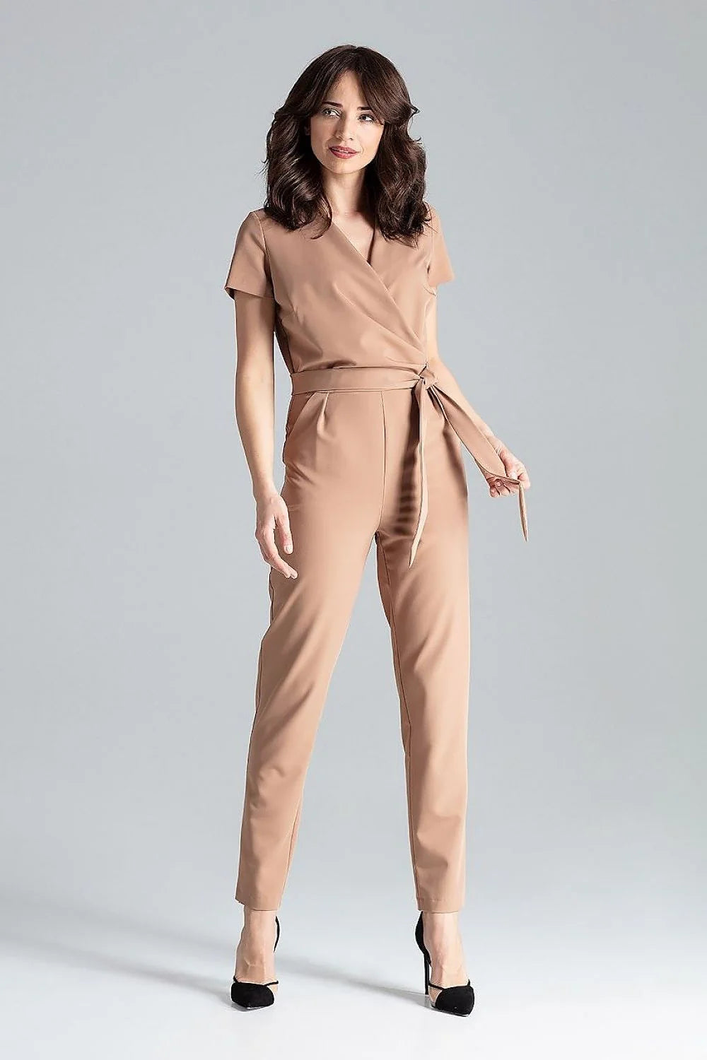 Combinaison Lenitif élégante pour femme design moderne cache-cœur manches courtes ceinture intégrée vert profond polyester viscose taille ajustable