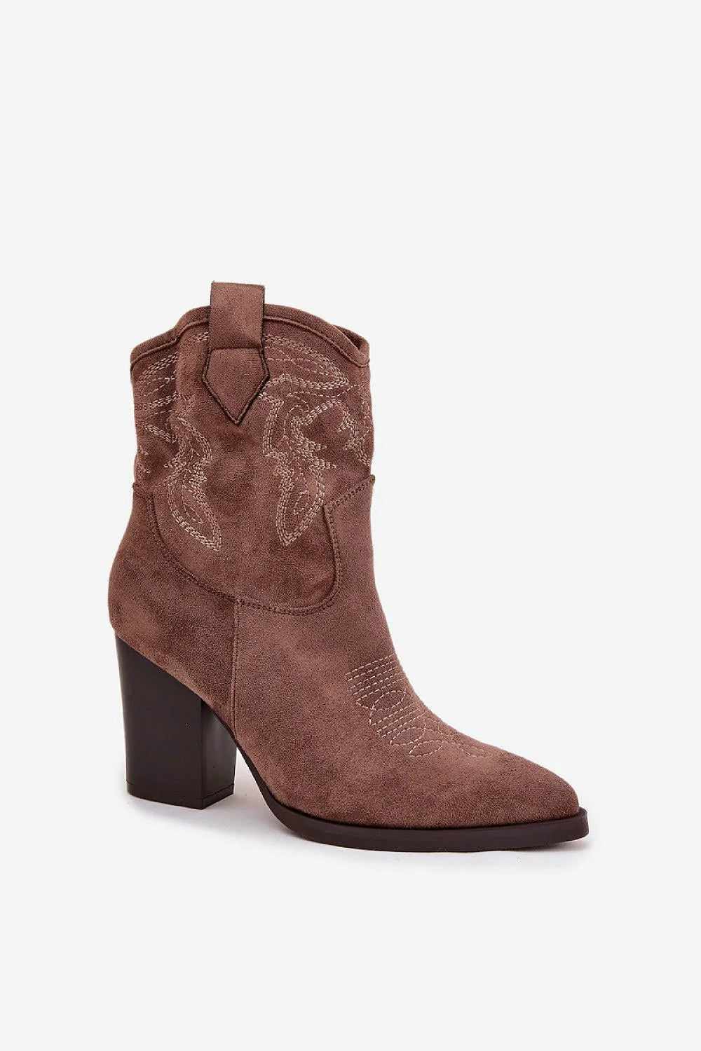 bottes cowboy femme suédine écologique talon bloc 9cm bout pointu tige 16cm broderies assorties boucle patte zippée latérale semelle contrastée
