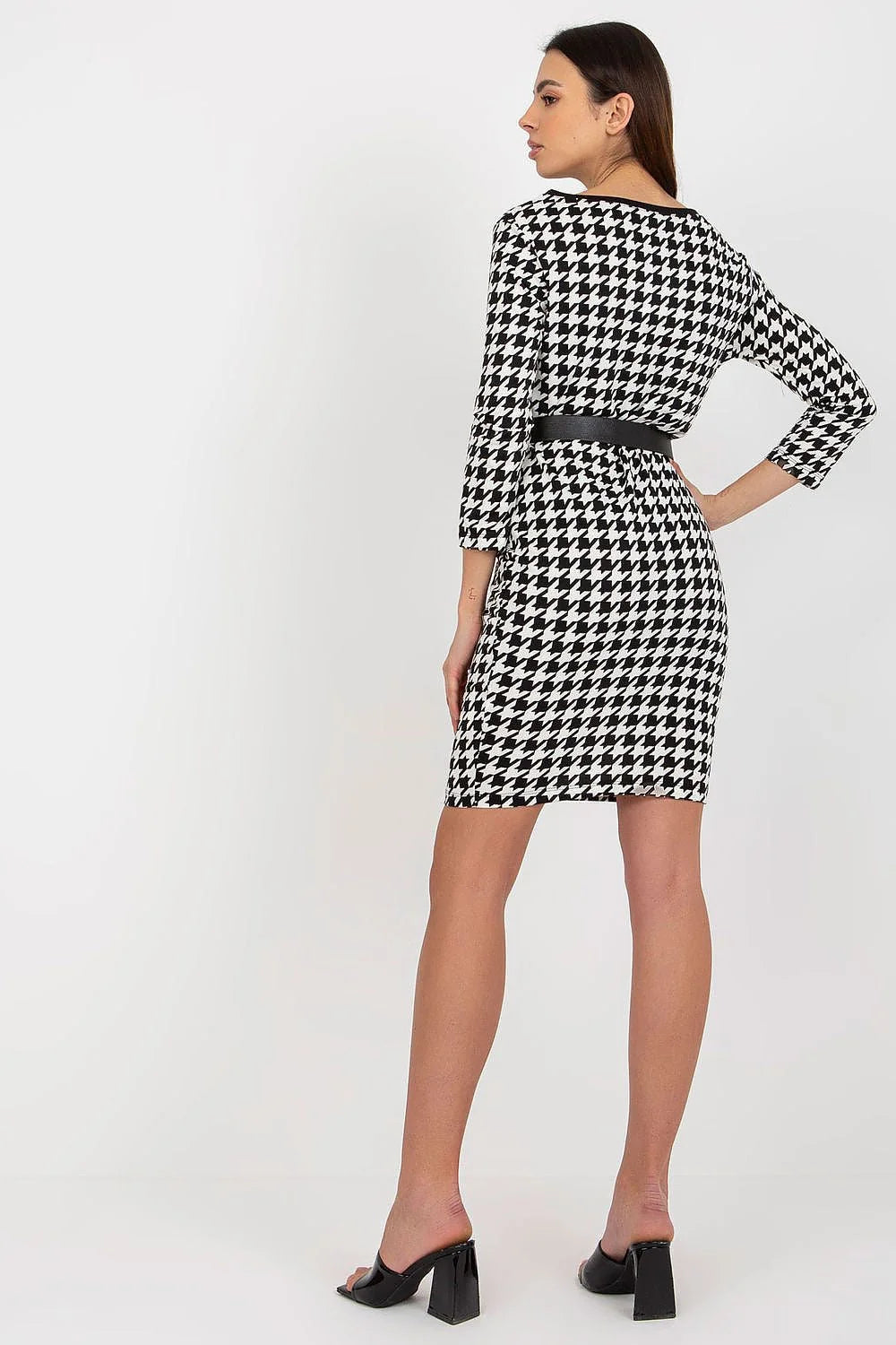 Robe de jour Och Bella pied-de-poule noir et blanc manches 3/4 ceinture intégrée silhouette droite taille ajustable femme