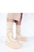 bottes neige plateforme suédé beige broderie délicate bout rond doublure douce tige haute 10cm semelle crantée mocassin surpiqûre
