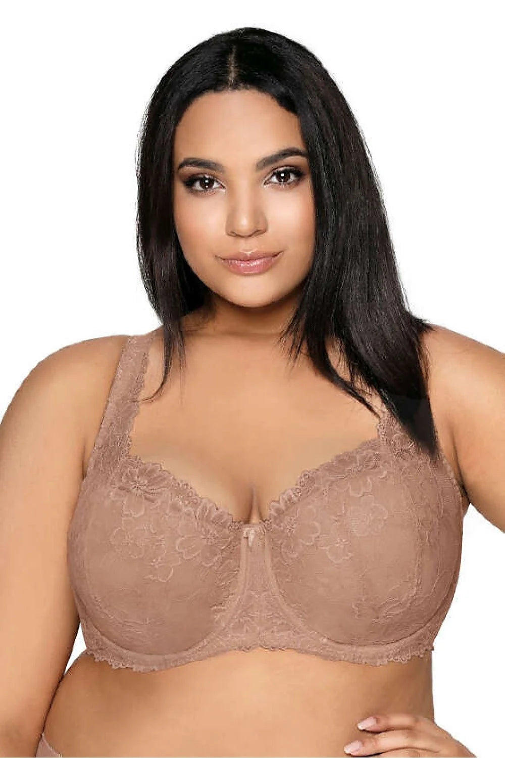 Soutien-gorge rembourré dentelle taupe grandes tailles bretelles larges nœud central femme mode