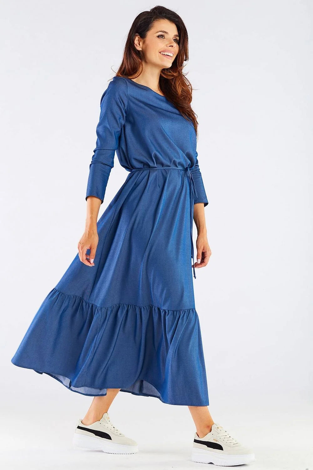 Robe longue viscose framboise élégante manches longues ceinture ajustable fluide décontractée soirée féminine moderne
