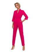 Combinaison femme élégante moderne fuchsia col V profond manches 3/4 ajustée taille cintrée occasion soirée professionnelle