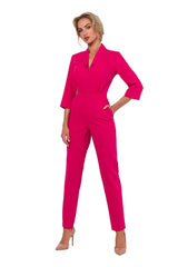 Combinaison femme élégante moderne fuchsia col V profond manches 3/4 ajustée taille cintrée occasion soirée professionnelle