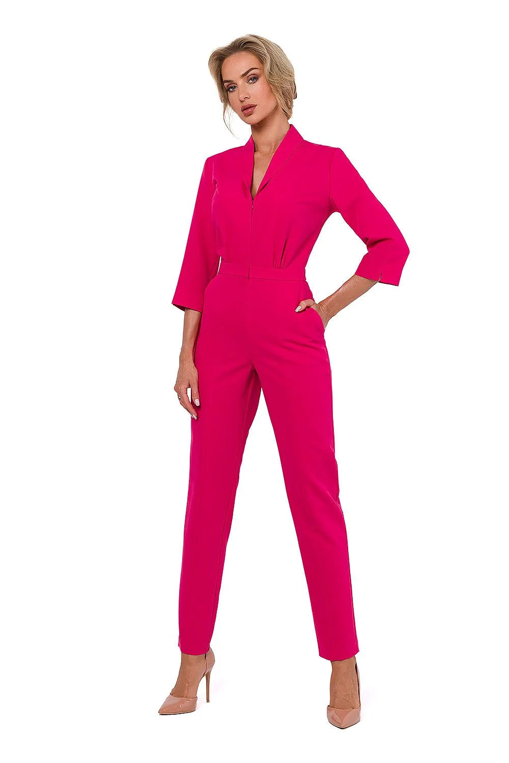 Combinaison femme élégante moderne fuchsia col V profond manches 3/4 ajustée taille cintrée occasion soirée professionnelle