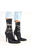 bottines femme satin noir stretch bout pointu talon aiguille 12cm tige 21cm lacets zirconés décoratifs éclair latérale intérieur tissu doux