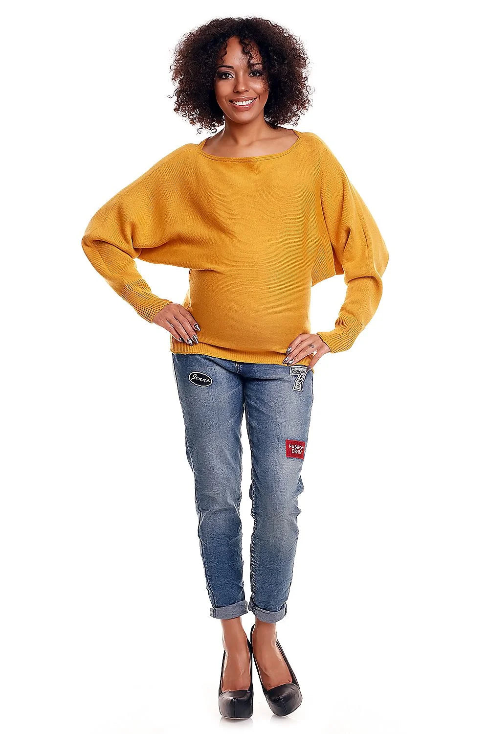 pull grossesse oversize court maille tricotée moutarde coupe ample col bateau manches ballon longues côtelées poignets maintien confort doux respirant