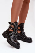 bottines femme biker rock cuir artificiel verni noir bout rond brides réglables grandes boucles métalliques argentées plateforme crantée semelle épaisse