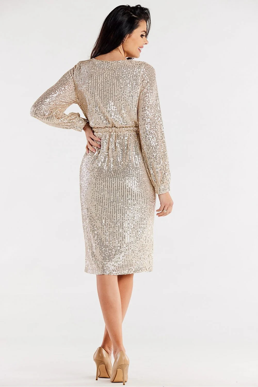 robe soirée longue manches longues décolleté V croisé sequins rouge portefeuille taille ajustable paillettes fente frontale bouffantes doublure élasthanne polyester