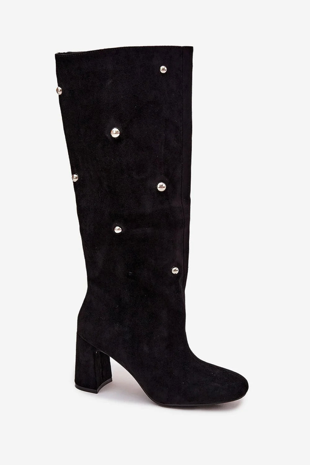bottes hautes femme suédine noire tige froncée clous argentés talon carré moyen 8cm bout arrondi fourrure doublée