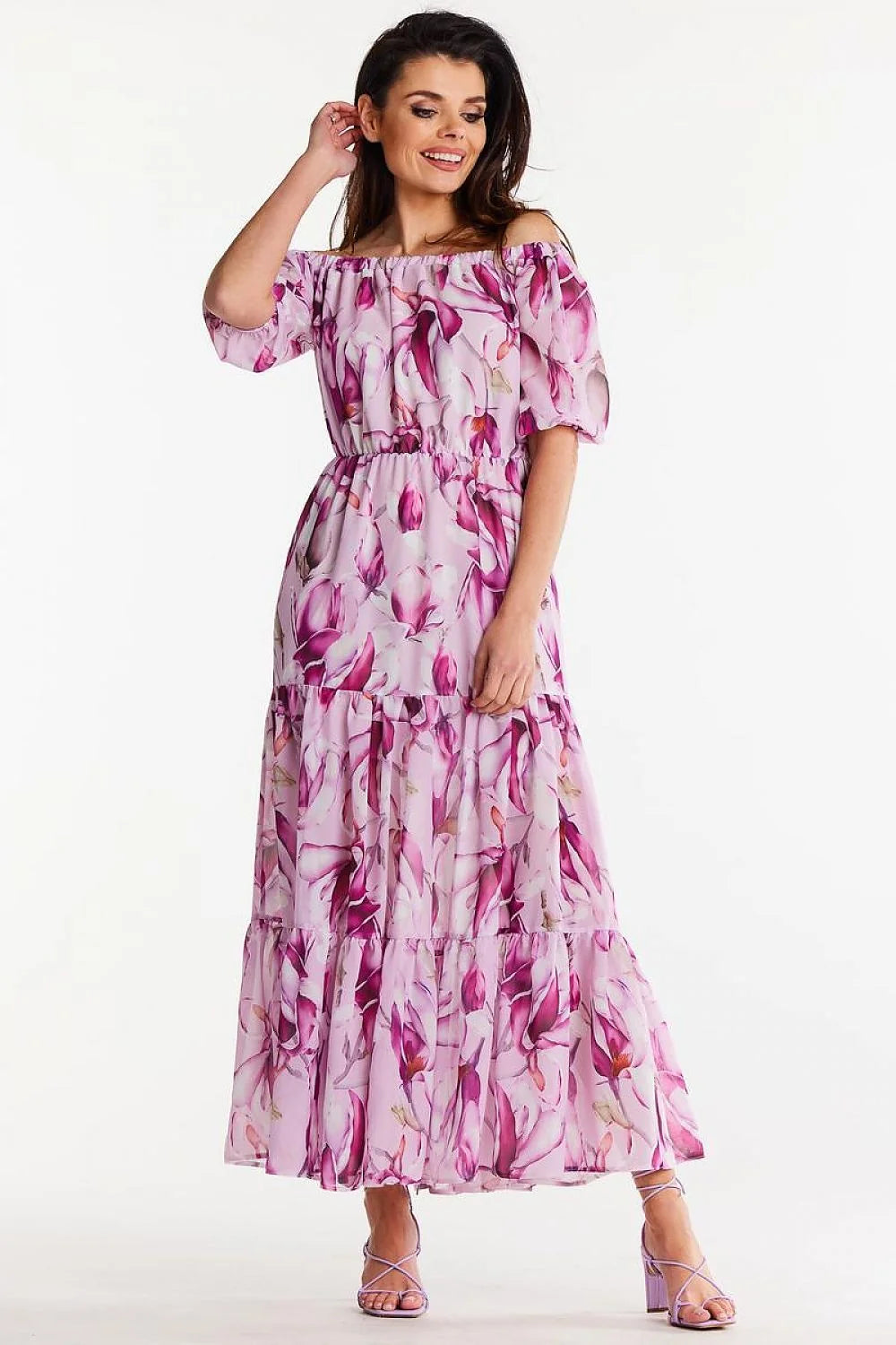 Robe longue bohème chic imprimé floral rose violet Bardot manches 3/4 élastique taille ajustable femme polyester