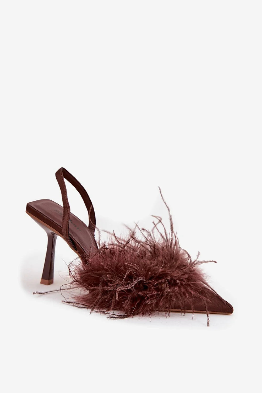 escarpins slingback bout pointu satin marron chocolat plumes marabou bride arrière ouverte talon aiguille fin soirée retro glam