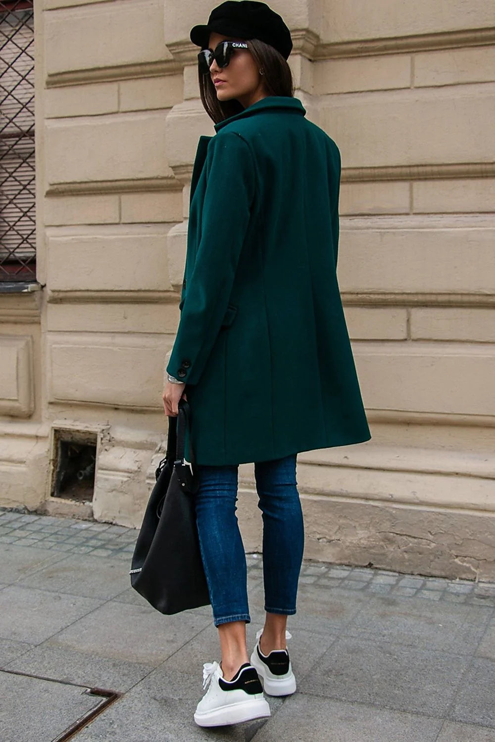 Manteau élégant pour femme vert émeraude col à revers laine polonais coupe ajustée taille ajustable manteau mi-cuisse
