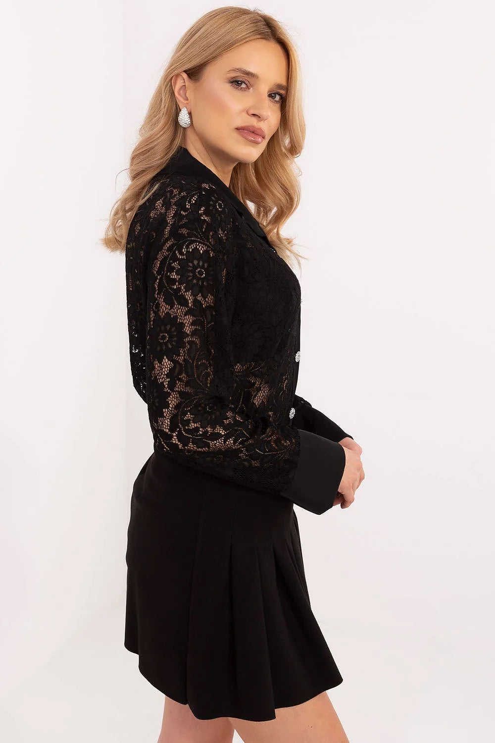 Ensemble élégant pour femmes haut dentelle noire jupe plissée robe soirée occasion spéciale mode sophistiquée
