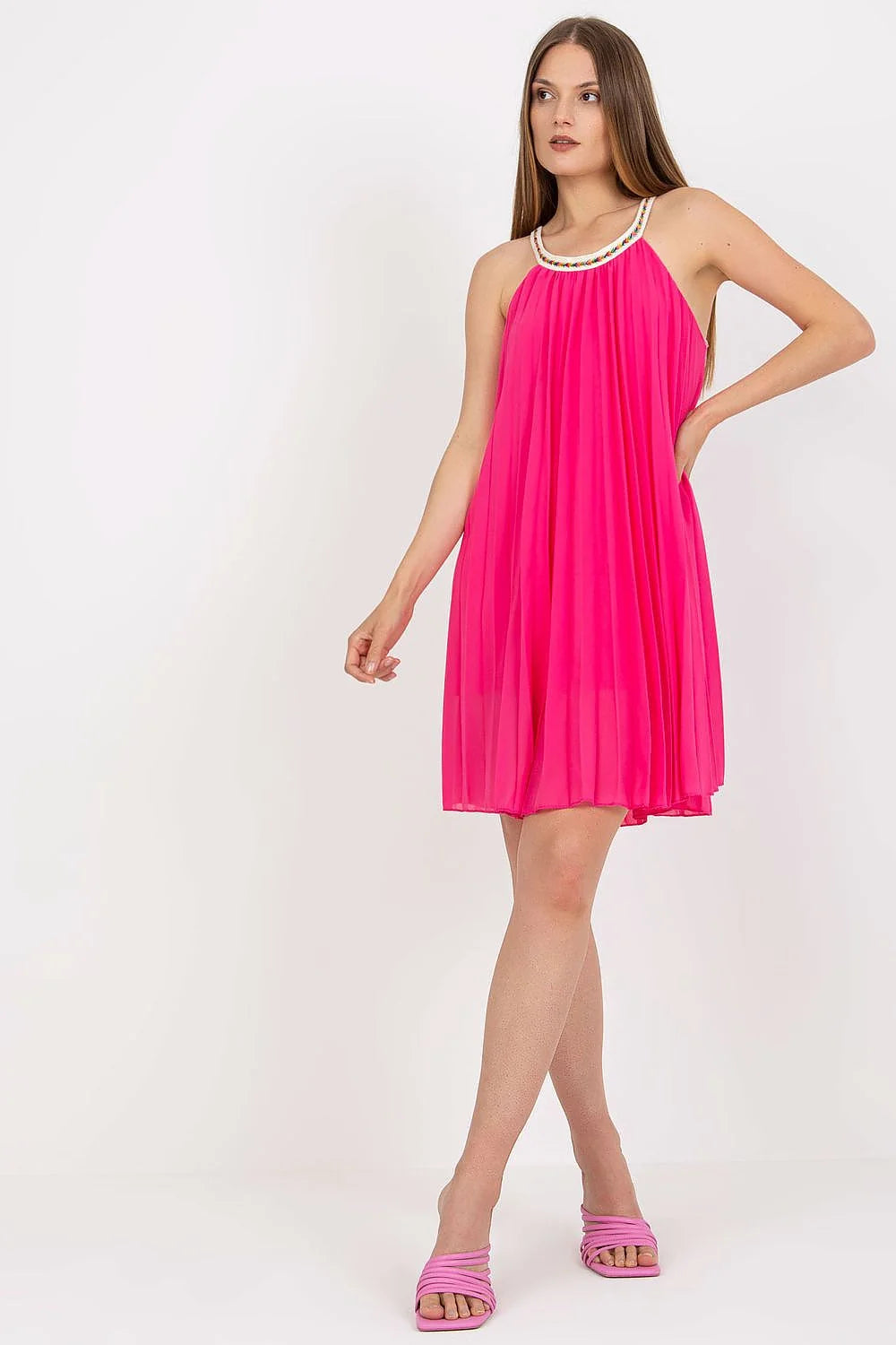 Robe d'été sans manches style bohème chic en polyester et viscose plissée brodée rose vif femme