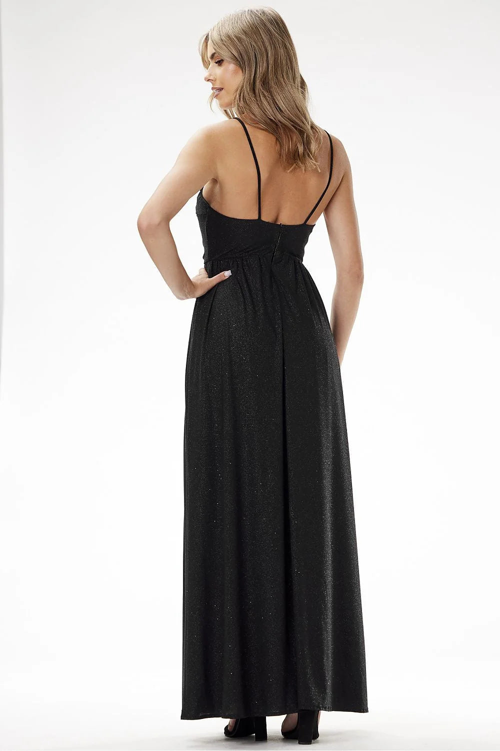 Robe de soirée élégante longue manches courtes décolleté en cœur fente latérale velours pailleté noire taille ajustable femme