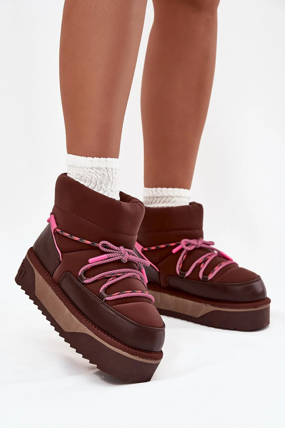bottes neige femme DFranklin montantes matelassée marron foncé similicuir lacets bicolores semelle plateforme épaisse crantée antidérapante fourrure doublée thermique