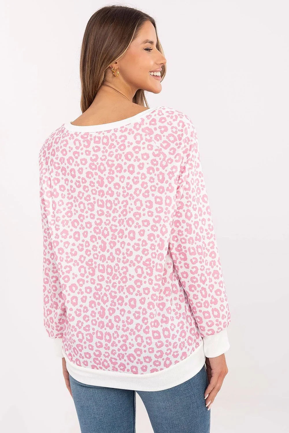 pull femme casual motif léopard rose pastel coton mélangé doux respirant manches longues col rond coupe ample