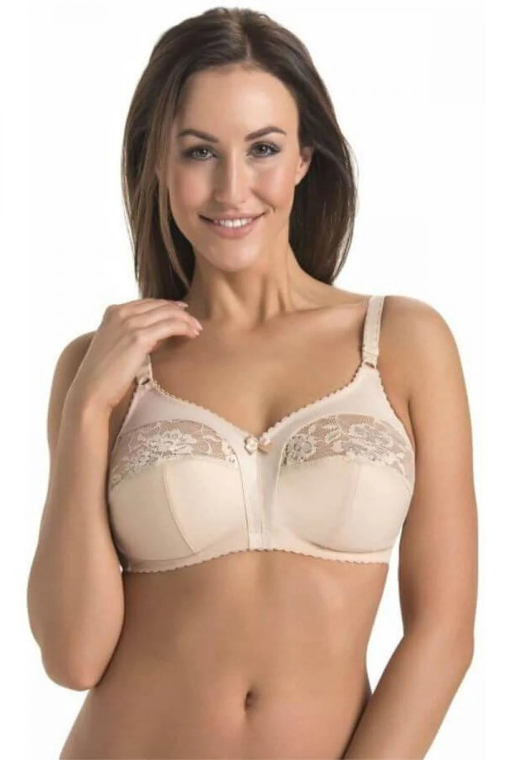 Soutien-gorge féminin élégant sans armature beige dentelle florale bonnets pleins bretelles réglables maintien optimal femmes