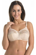Soutien-gorge féminin élégant sans armature beige dentelle florale bonnets pleins bretelles réglables maintien optimal femmes