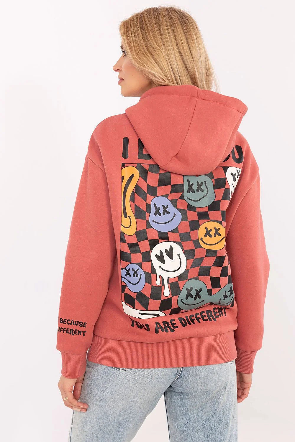 Sweatshirt Sublevel pour femme, terracotta, hood, kangourou, coton-polyester, style moderne, loose fit, graphique YOU ARE DIFFERENT