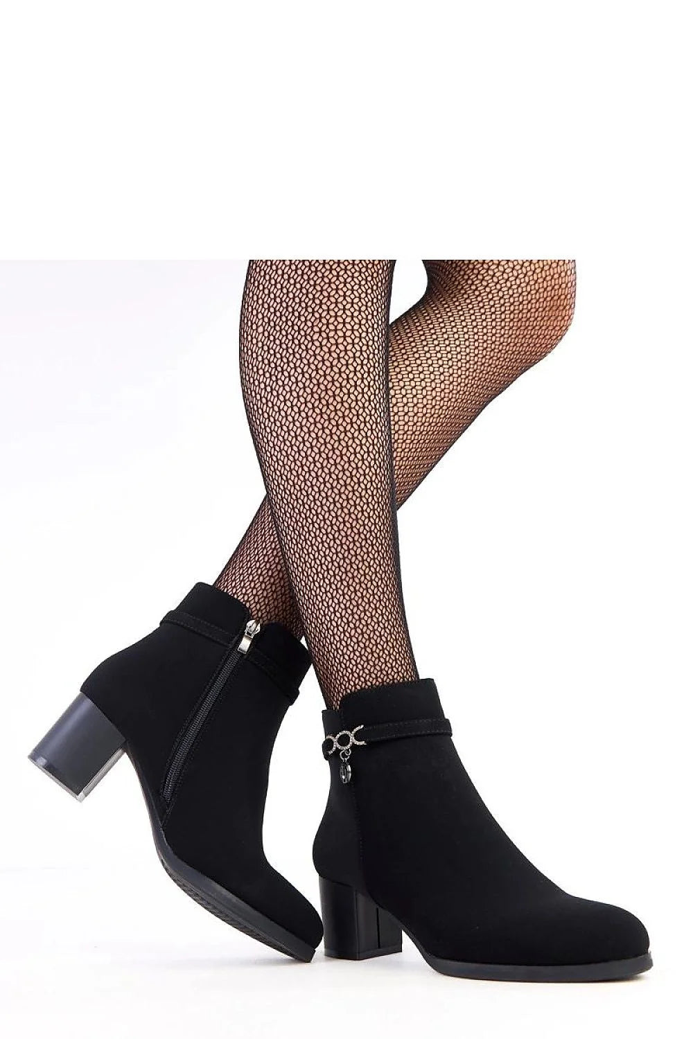 bottines femme cheville noires suédine cuir écologique mat bout amande talon pilier stable 5cm bride décorative zircons zip doublure douce