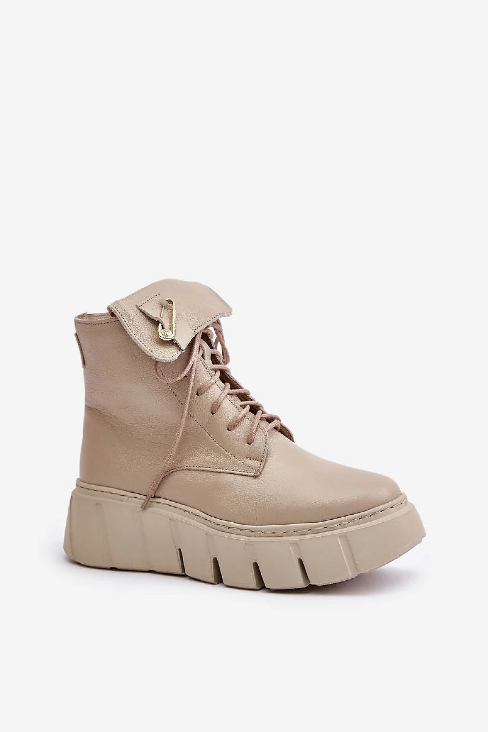 Bottes cothurnes en cuir beige clair pour femme, style moderne, talon compensé, zip doré, confort et durabilité, mode élégante, occasion多种