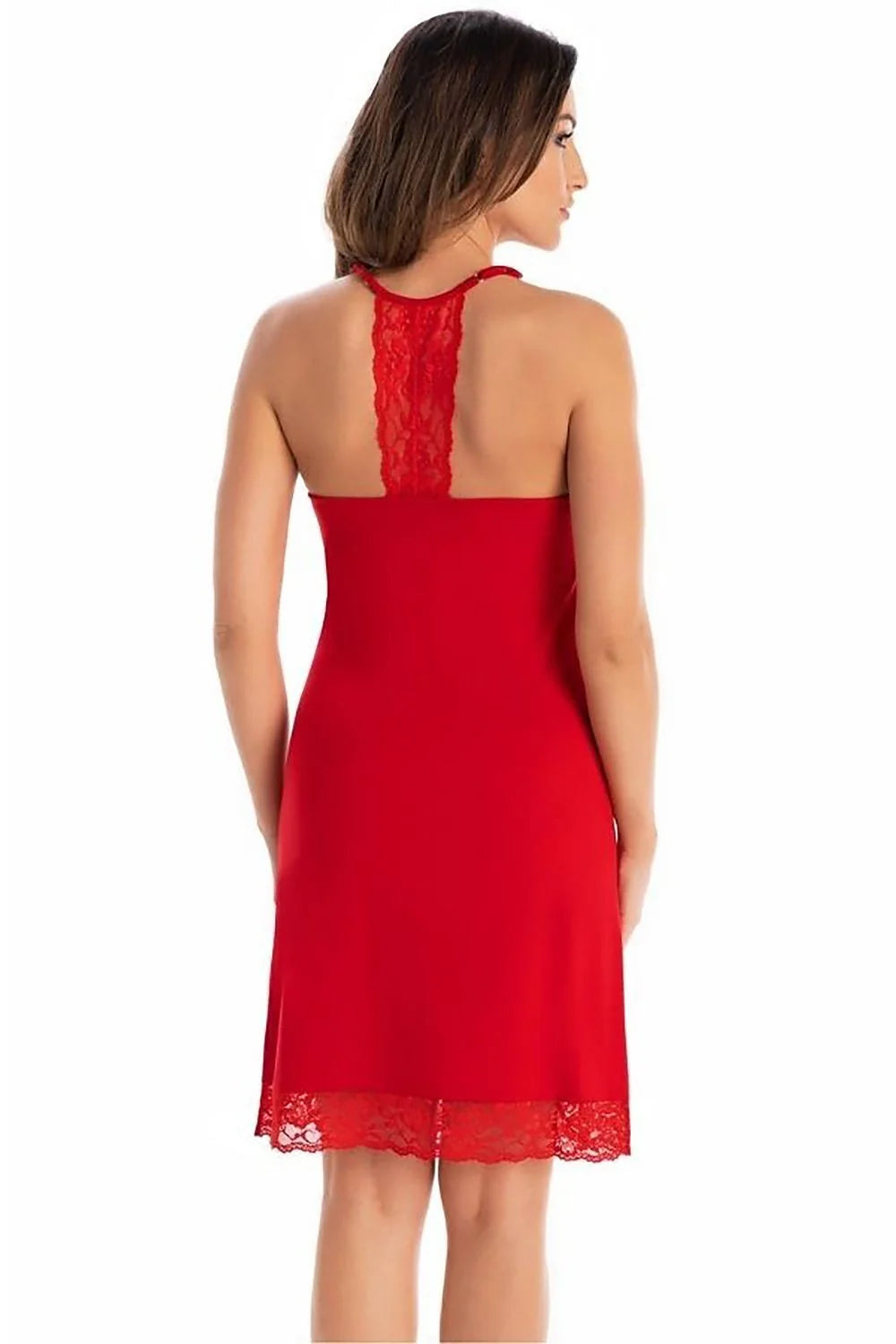 nuisette sexy élégante viscose satinée dentelle florale rouge vif coupe droite ajustée buste évasée ourlet orné bretelles fines