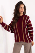 pull oversize femme maille tricotée ajourée bordeaux rayures verticales camel blanches col rond manches longues bouffantes