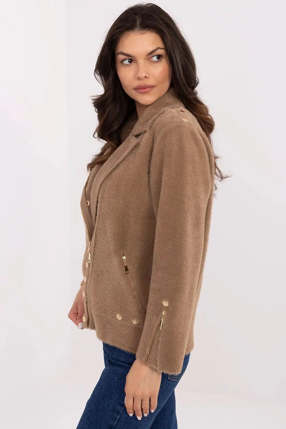 Veste blazer élégante pour femme en laine polyester angora viscose couleur beige camel col à revers ajustée sans capuche fermeture éclair dorée manches longues