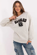 Sweatshirt femme universitaire Harvard style casual coton polyester gris clair noir manches longues écusson élastique