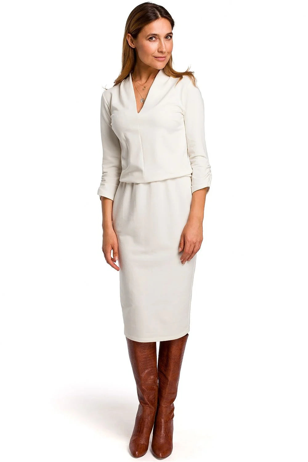 robe midi droite crayon cintrée taille marquée col V maille jersey coton extensible beige clair manches troisquarts