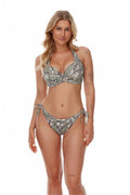 bikini femme motif serpent balconnet bonnets soutien galbant bas classique liens côtés ajustables nylon élasthanne gris beige sophistiqué moulant