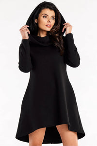 Robe de jour moderne Infinite You robe trapèze ample capuche manches longues coton élasthanne noir femme taille ajustable