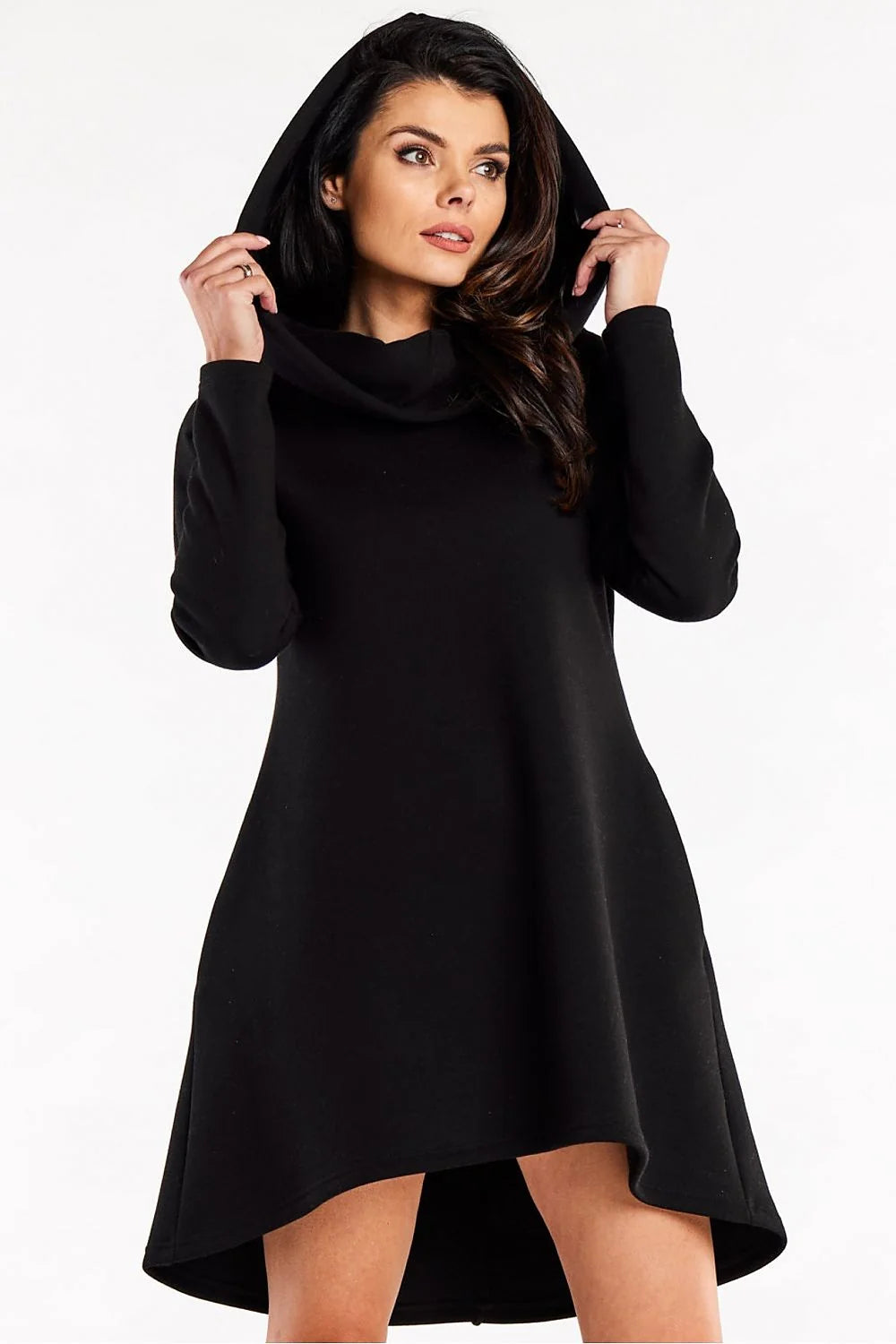 Robe de jour moderne Infinite You robe trapèze ample capuche manches longues coton élasthanne noir femme taille ajustable