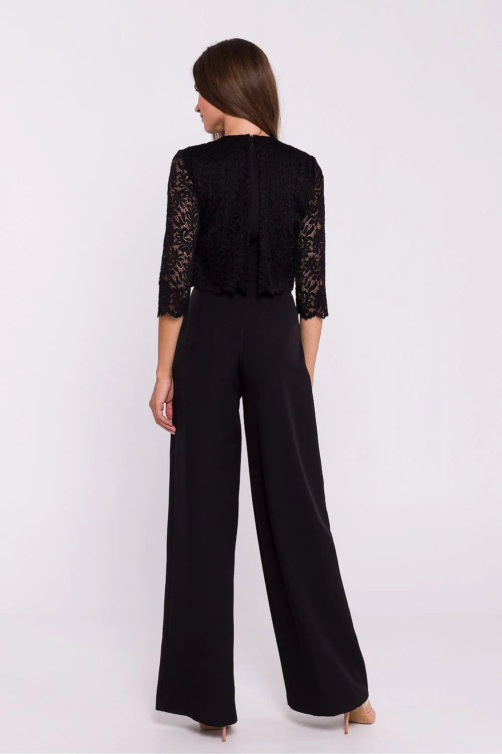 combinaison élégante femme dentelle noire manchestransparentes haut court bordurefestonnée pantalon palazzo long fluide taille haute buste ajusté doublure opaque
