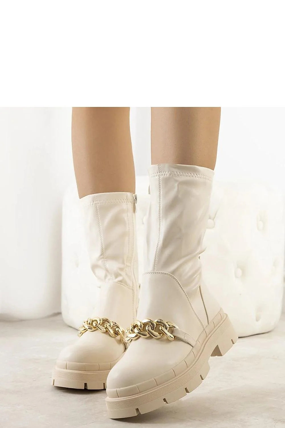 Bottines beige femmes semelle épaisse chaîne métal fourrure doublure cuir écologique style moderne tendance