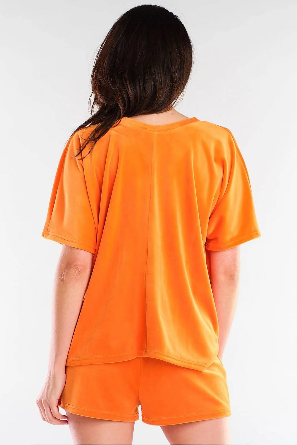 Ensemble mode femme short top velours orange vif coupe ample tunique V-neck manches courtes été 2023