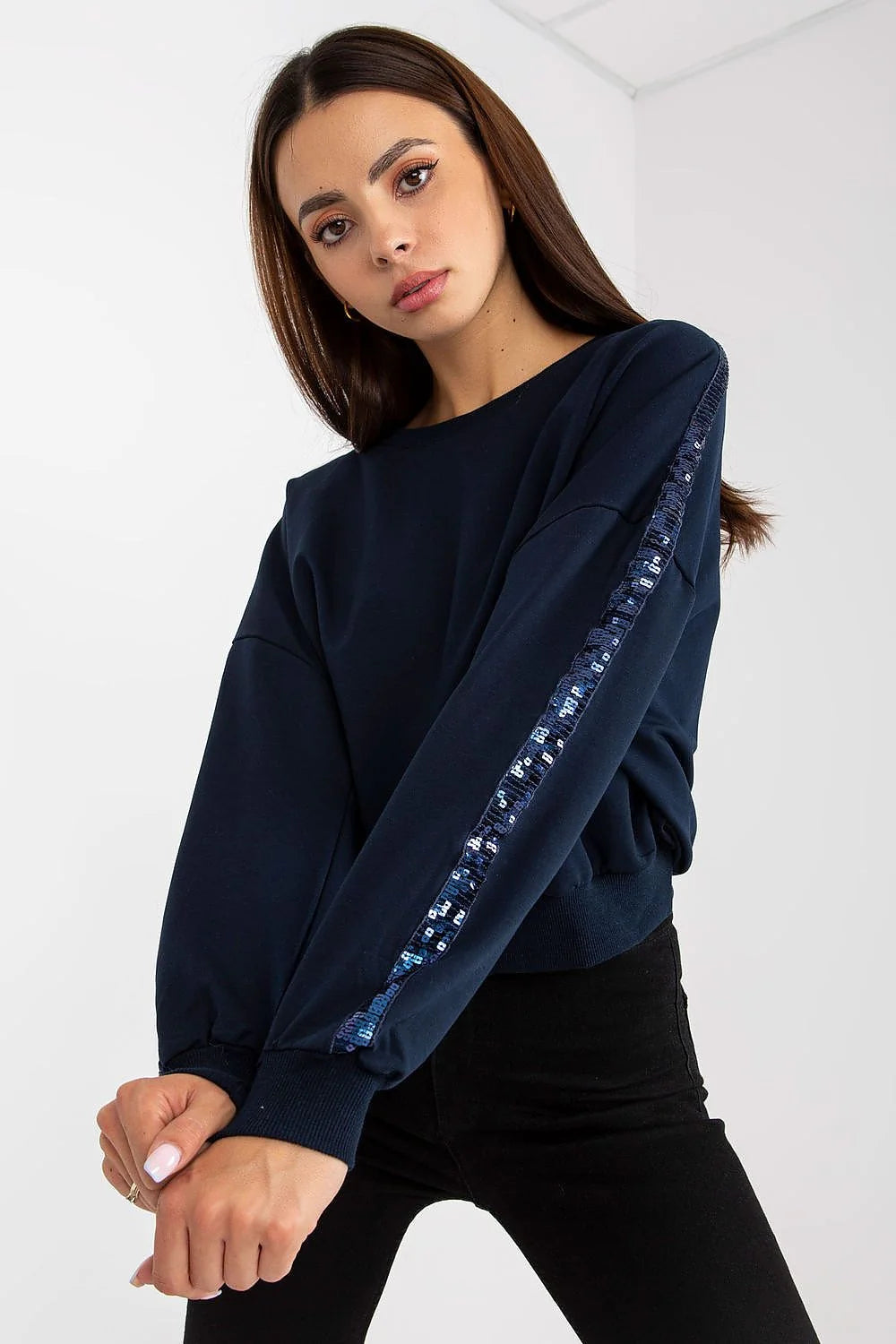 sweatshirt femme casual chic bleu marine manches longues col rond oversize bandes paillettes viscose élasthanne confort