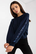 sweatshirt femme casual chic bleu marine manches longues col rond oversize bandes paillettes viscose élasthanne confort