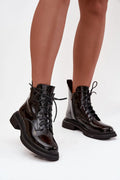 bottines femme cuir verni noir brillant montantes rangers lacées fermeture éclair doublée chaude confortable semelle crantée gomme talon bloc urbain