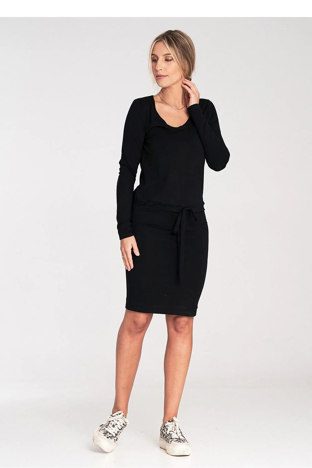 robe jour élégante viscose manches longues ceinture ajustable femme noir midi fourreau col rond extensible doux confortable coupe ajustée silhouette