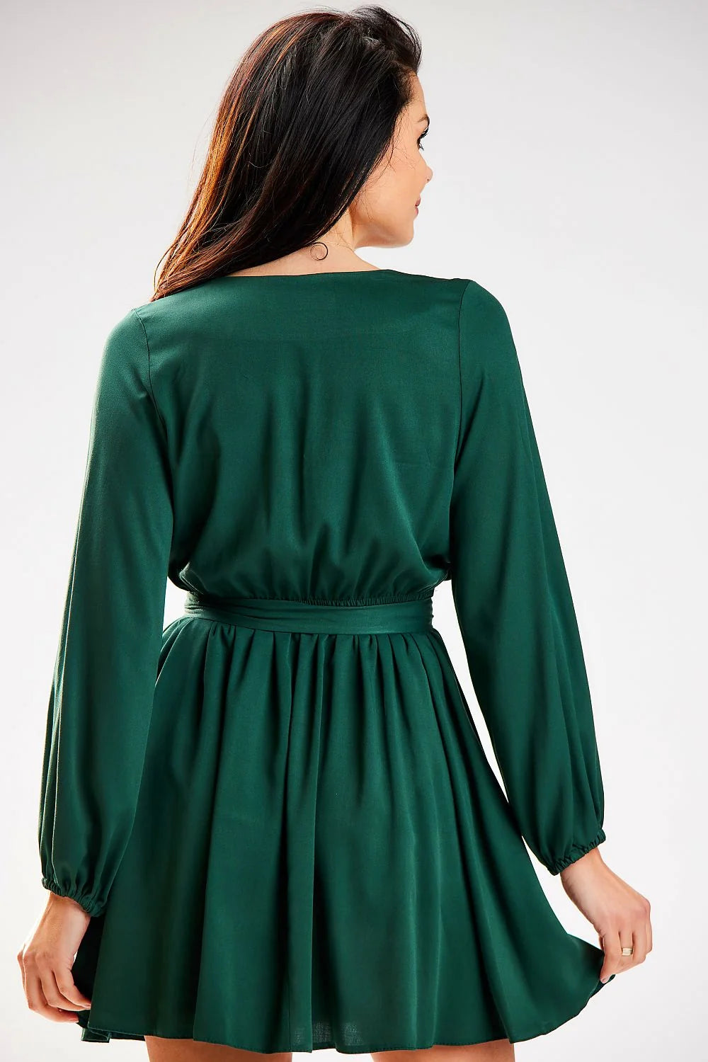 Robe élégante vert émeraude manches longues évasées ceinture assortie taille ajustable polyester viscose femme