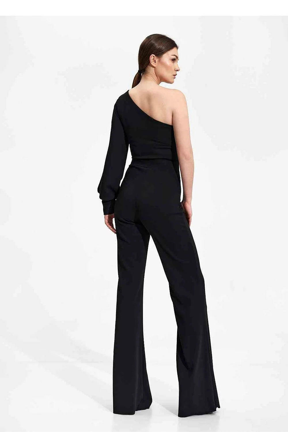 Combinaison élégante asymétrique longue épaule nue matière stretch noire femme soirée événement taille ajustable