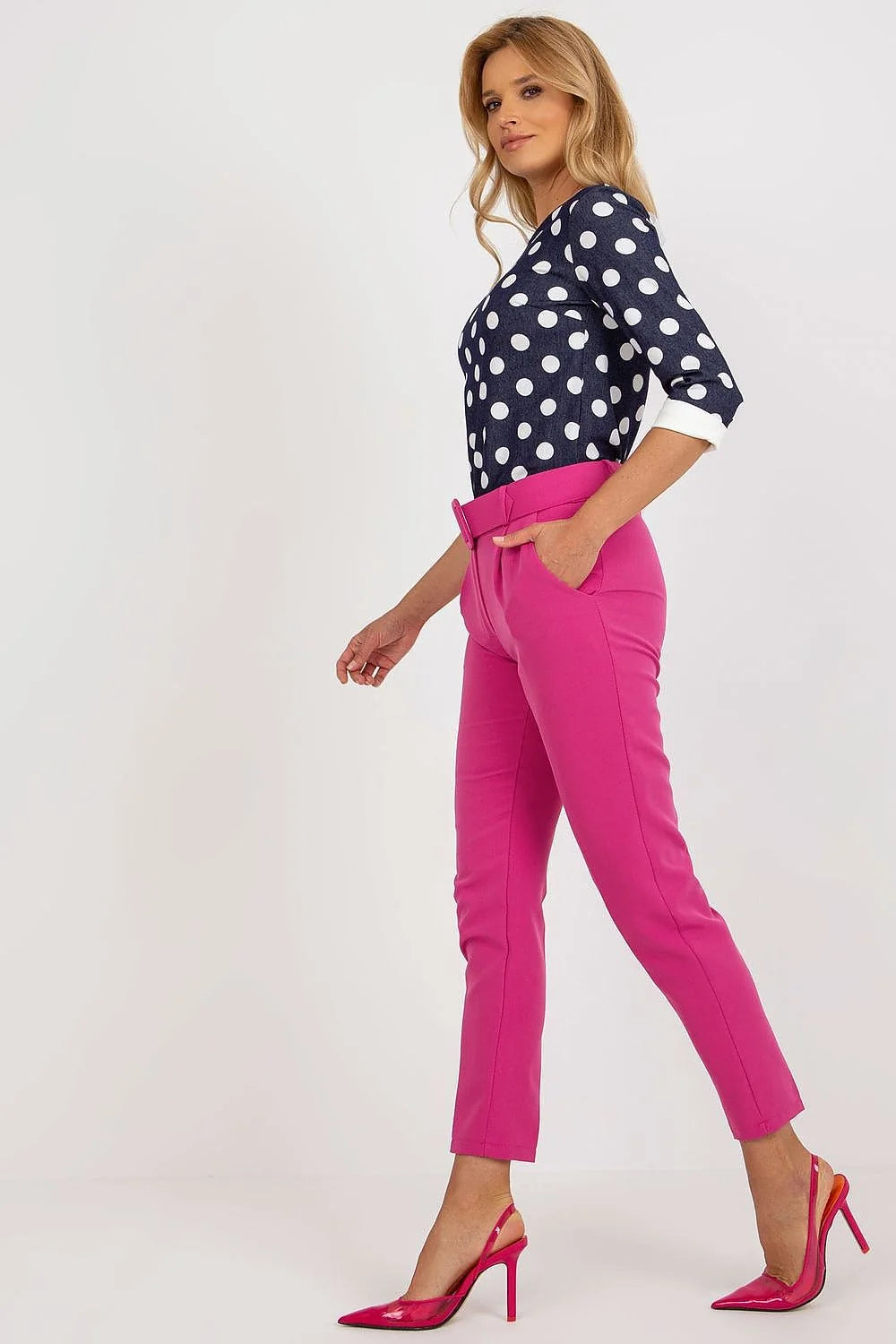 Pantalon femme Italie Moda taille haute motif pois blancs bleu marine rose fuchsia occasion formelle semi-formelle
