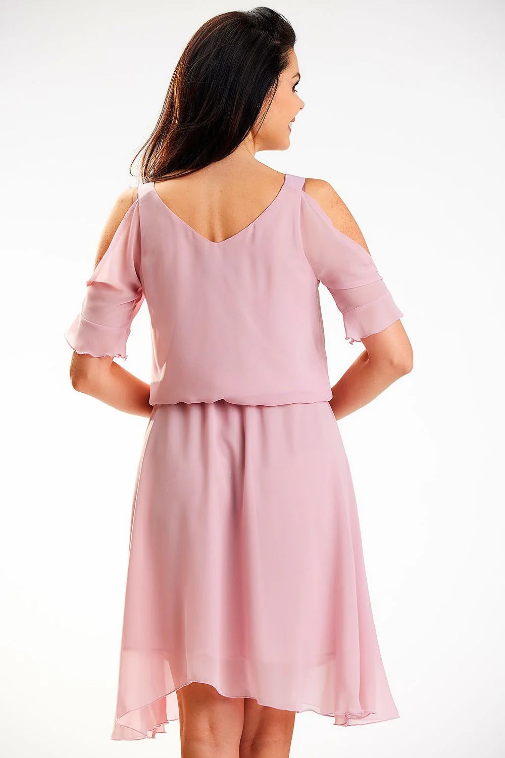 Robe de jour élégante en mousseline rose pastel épaules découvertes encolure V manches mi-longues taille élastique femme