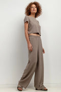 ensemble femme tunique crop top manches courtes pantalon palazzo large taille élastique poches latérales chevilles taupe viscose confortable