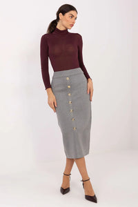 jupe midi crayon taille haute gris clair tricot extensible coupe ajustée élégante ceinture élastiquée boutons dorés viscose polyester