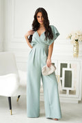 Combinaison Bicotone élégante en vert pastel avec taille cintrée, jambes larges, manches courtes évasées, ceinture intégrée, fermeture à glissière cachée, polyester et élasthanne, femme, mode intemporelle