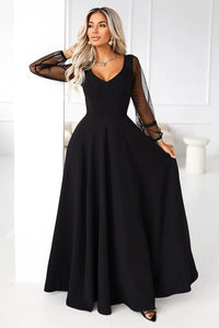 robe maxi noire Numoco soirée cérémonie gala mariage cintrée buste décolleté V taille marquée jupe évasée manches tulle transparentes photogénique
